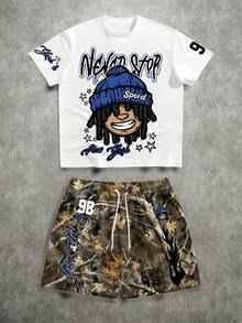 Manfinity ZONE917 宽松迷彩潮人卡通人物98笑脸T恤套装，送朋友的礼物 - 彩色 - 查看 1