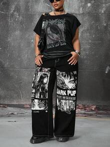 ROMWE Anime Quần jeans cỡ lớn in chữ và hình người, túi xéo, thời trang thường ngày. - màu đen - Xem 6