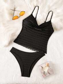 Swim Chiccia Women's Hollow Out Scoop Neck Fashion Camisole & Bikini Set, Spring/Summer - Black - View 5