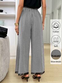 SHEIN LUNE Women's Casual & Commute Plaid Lace Trim Pants Wide Leg Pants Woman High Waist Palazzo Pants Women Pants For Women Casual Gingham Wide Leg Pants Cute Pants For Woman Women's Gingham Print Wide Leg Pants Elastic Waist Drawstring Cotton Blend Palazzo Trousers With Lace Trim Stylish Black And White Gingham Wide Leg Pants For Women Casual Drawstring Trousers With Lace Accent Summer Outfits Vacation Outfits Women - Multicolor - View 4