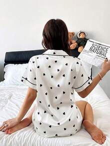Dream Adore Women's Minimalist Soft Pink & Black Heart Print Short Sleeve Pajama Set With Collar - White - View 2