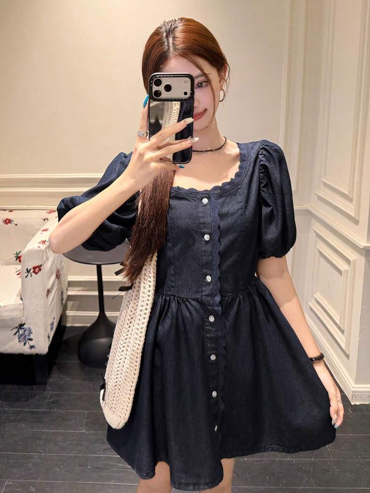 Women's Lace Casual Puff Sleeve Retro Denim Blouse