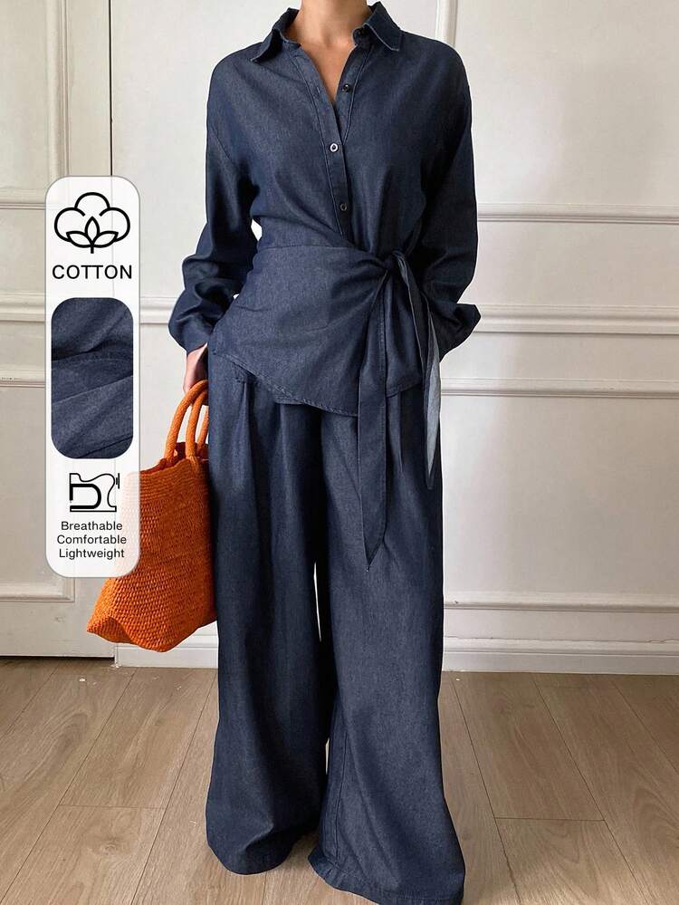 Women's Vintage Washed Korean Style Denim Shirt & Casual Loose Fit Pants 2 Pieces Set