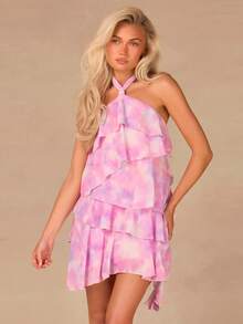 Athîral 女士优雅扎染印花露背迷你吊带连衣裙，夏季 - 彩色 - 查看 1