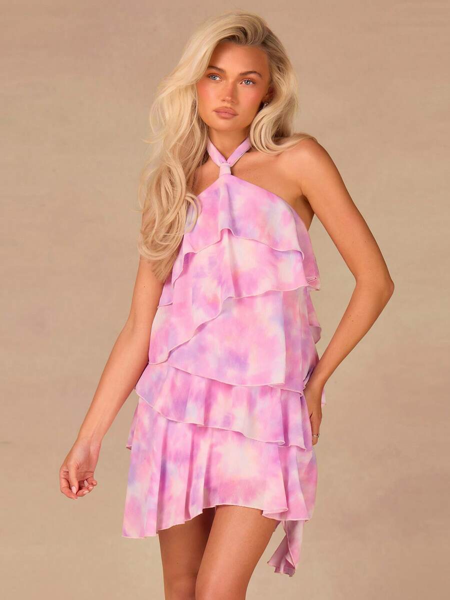 Athîral 女士优雅扎染印花露背迷你吊带连衣裙，夏季 - 彩色 - 查看 1