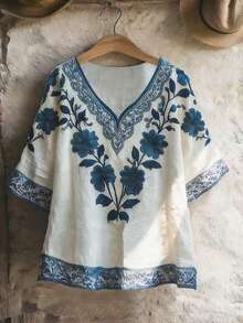 EMERY ROSE Women's Elegant Casual/Commute/Vacation Short Sleeve V-Neck Printed Loose Blouse - Multicolor - View 1