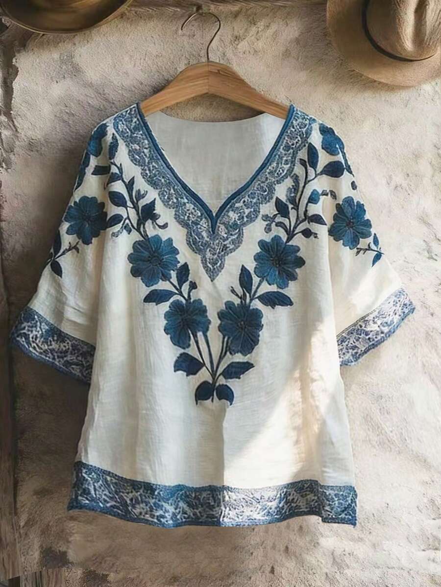 EMERY ROSE Women's Elegant Casual/Commute/Vacation Short Sleeve V-Neck Printed Loose Blouse - Multicolor - View 1