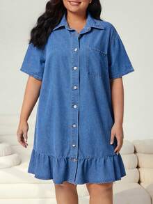 Solflare Rochie de vară pentru femei plus size, casual, cu tiv în volane, model patchwork, din denim, pentru naveta, primăvară-vară, costum de carnaval, naveta, vacanță, absolvire, șic, Y2K, drăguț, streetwear, petrecere, nuntă, elegantă, business, casual, albastru, rochie de damă plus size, cu tiv în volane și mâneci scurte, casual, croială lejeră, plus size, rochie de damă cu tiv în volane, rochie de lucru, rochie de denim, primăvară, modă, noi sosiri, încrezătoare, plus size, drăguță, rochie plus size - Albastru - Vizualizare 3