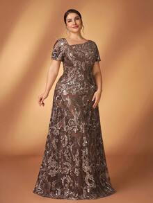 Serin 大码优雅奢华咖啡棕色串珠刺绣不对称领短袖A字连衣裙，适合晚宴、盛会、度假、婚礼、庆典、音乐节、新娘/新郎母亲、宾客礼服等场合。 - 咖啡 - 查看 8