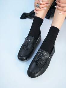 Sugerpunk Women's Tassel Studded Flat Loafers, Casual Versatile Daily Wear - Black - View 1