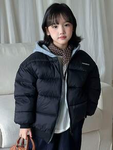 SHEIN 女童双面连帽拼接羽绒服，秋冬必备外套 - 黑色 - 查看 1