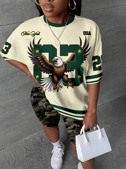 Slaydiva 23 Vintage Numeric Print Crew Neck Short Sleeve T-Shirt & Camouflage Shorts Set, Suitable For Music Festival Outfit, Plus Size