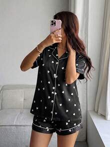 Napfluff Conjunto de pijama de manga corta con cuello y estampado de corazones en rosa suave y negro, de estilo minimalista para mujer - Negro - Ver 4