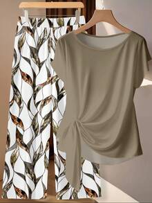 SHEIN Clasi 休闲卡其色领结衬衫和宽松直筒几何印花裤两件套，适合初秋、春季和夏季穿着。 - 彩色 - 查看 5