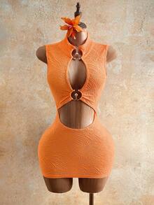 Mistrie 女士性感镂空无袖紧身迷你连衣裙，夏季 - 亮橙色 - 查看 1