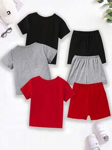 SHEIN GraphicGems 6件套男童休闲时尚创意个性清新简约字母印花短袖T恤和短裤套装，舒适日常穿着，适合春、夏、秋季穿着。 - 彩色 - 查看 4