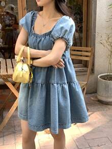 DAZY 女士方领休闲韩版牛仔连衣裙，春夏度假 - 藍色 - 查看 2