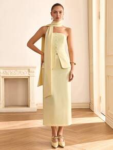 Women's Elegant Tie-Waist Button Bandeau Top And Straight Skirt Suit Set - Light Yellow - View 6