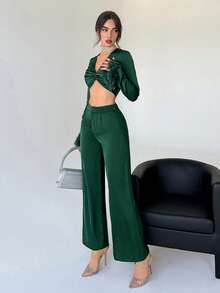 Aloruh girante delantero de peluche puño Top crop & Pantalones de pierna ancha - Verde Oscuro - Ver 4