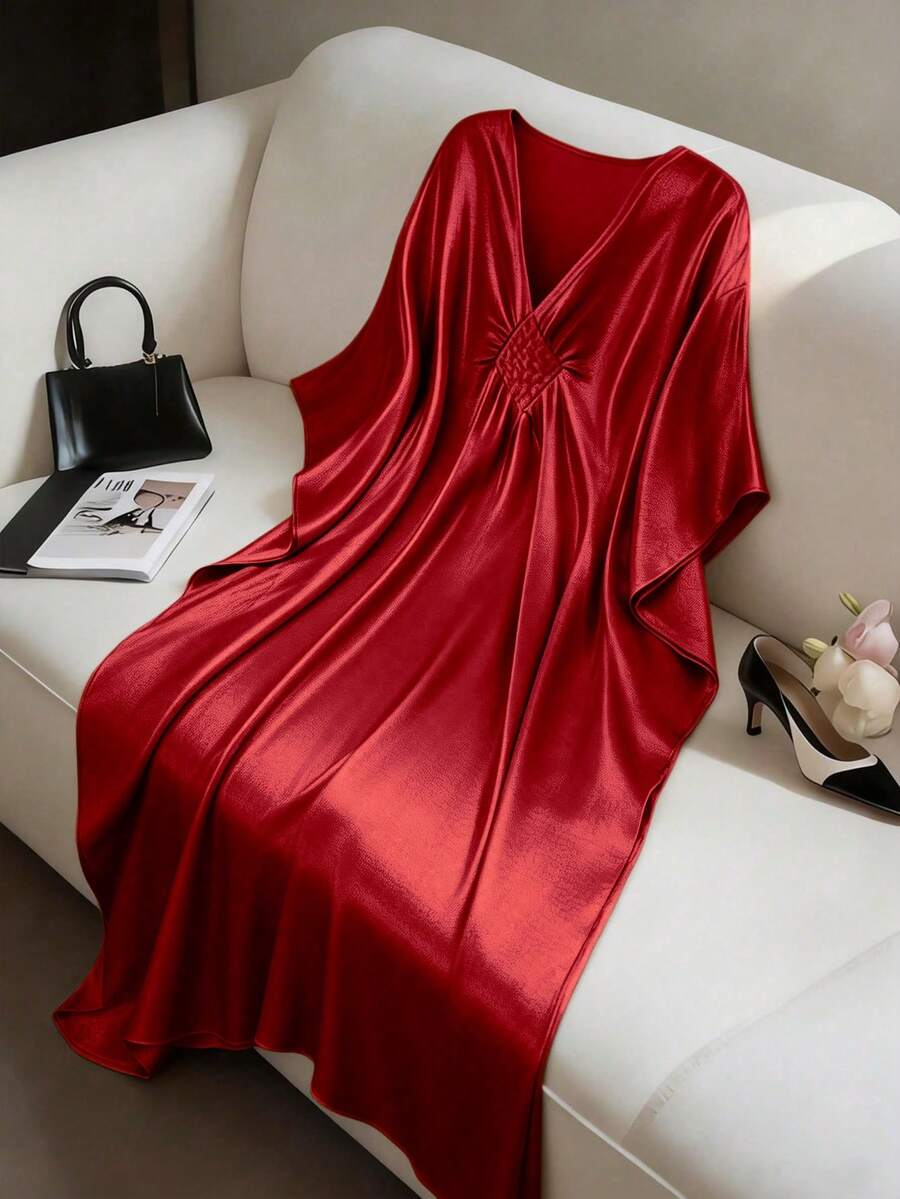 EMERY ROSE Bata de kimono con cuello en V elegante y mangas con volantes para mujer, adecuada para fiestas, reuniones y uso diario en primavera/verano - Rojo - Ver 1