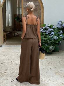 DAZY 2pcs/Set Women's Fashion Ruffled Crop Camisole Top And High Waist Tie Waist Wide Leg Casual Pants, Summer - Coffee Brown - View 3