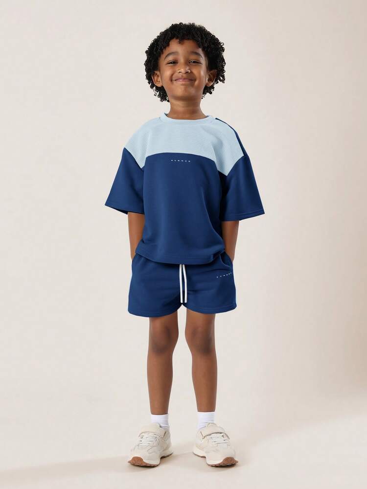 Boys Summer Color Block T-Shirt And Shorts Coordinated Set With Paneled Design And Ribbed Details