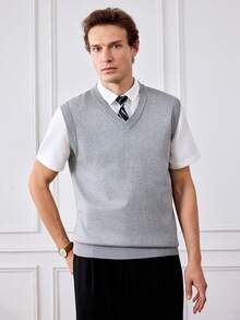 Officeau 男士V领针织休闲背心毛衣，秋冬季 - 灰色 - 查看 1