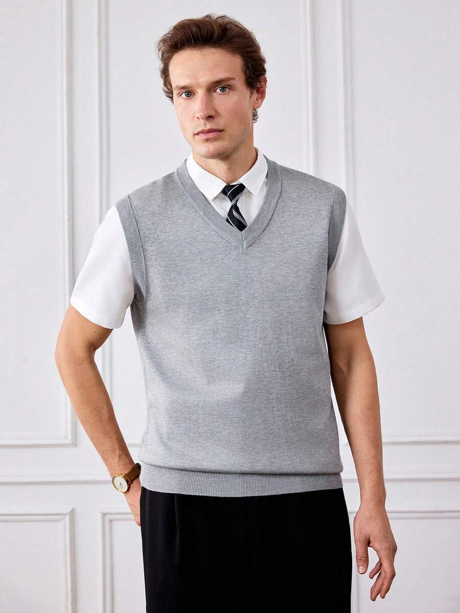 Officeau 男士V领针织休闲背心毛衣，秋冬季 - 灰色 - 查看 1