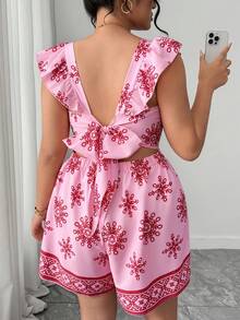 Elenzga Plus Size Women Elegant Casual Beach Holiday Minimalist Square Neck Cap Sleeve Tie-Front Backless Waist Cinched Short Printed Jumpsuit - Pink - View 3