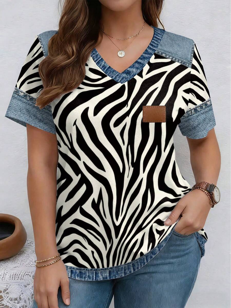 EMERY ROSE Patchwork Zebra Print V-Neck Short Sleeve Casual Plus Size T-Shirt, Spring & Summer - Multicolor - View 1