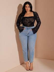 SHEIN BAE Áo liền thân cỡ lớn thanh lịch cổ vuông buộc dây dành cho nữ, Áo liền thân cỡ lớn màu đen in họa tiết hoa nhung cho mùa xuân, thu và đông; Cổ vuông; Tay dài loe; Thích hợp để mặc ngoài các áo liền thân khác; Thanh lịch, gợi cảm và ngọt ngào; Hoàn hảo cho các buổi hẹn hò, kỳ nghỉ hoặc đi làm. - màu đen - Xem 3