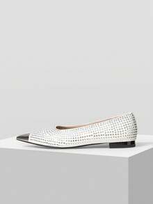 Mnmlis Full Diamond White Flats Metal Pointed Blingbling Rhinestone Elegant Commuter Shoes - White - View 2