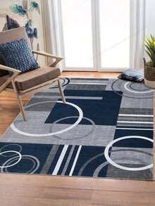 1 Stück waschbarer Teppich, modernes geometrisches Muster, geeignet für Wohnzimmer, Schlafzimmer, Büro, gestreiftes Kreismuster, zeitgenössischer abgenutzter Stil, niedriger Flor, neutrale weiche Farben, Patchwork-Quadratmuster. - Mehrfarbig - Übersicht 7
