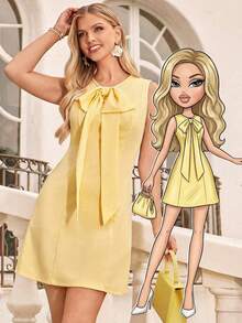 Amorya Đầm ngắn dáng chữ A màu trơn thanh lịch dành cho nữ, trang trí hình bướm, thích hợp cho hẹn hò, đi làm, du lịch, dự đám cưới, mùa hè. - Màu vàng - Xem 7