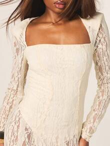 MISSGUIDED Women's Long Sleeve Square Neck Bodycon Lace Mini Dress With Delicate Floral Pattern For Cocktail Evening Party Occasions - Apricot - View 6