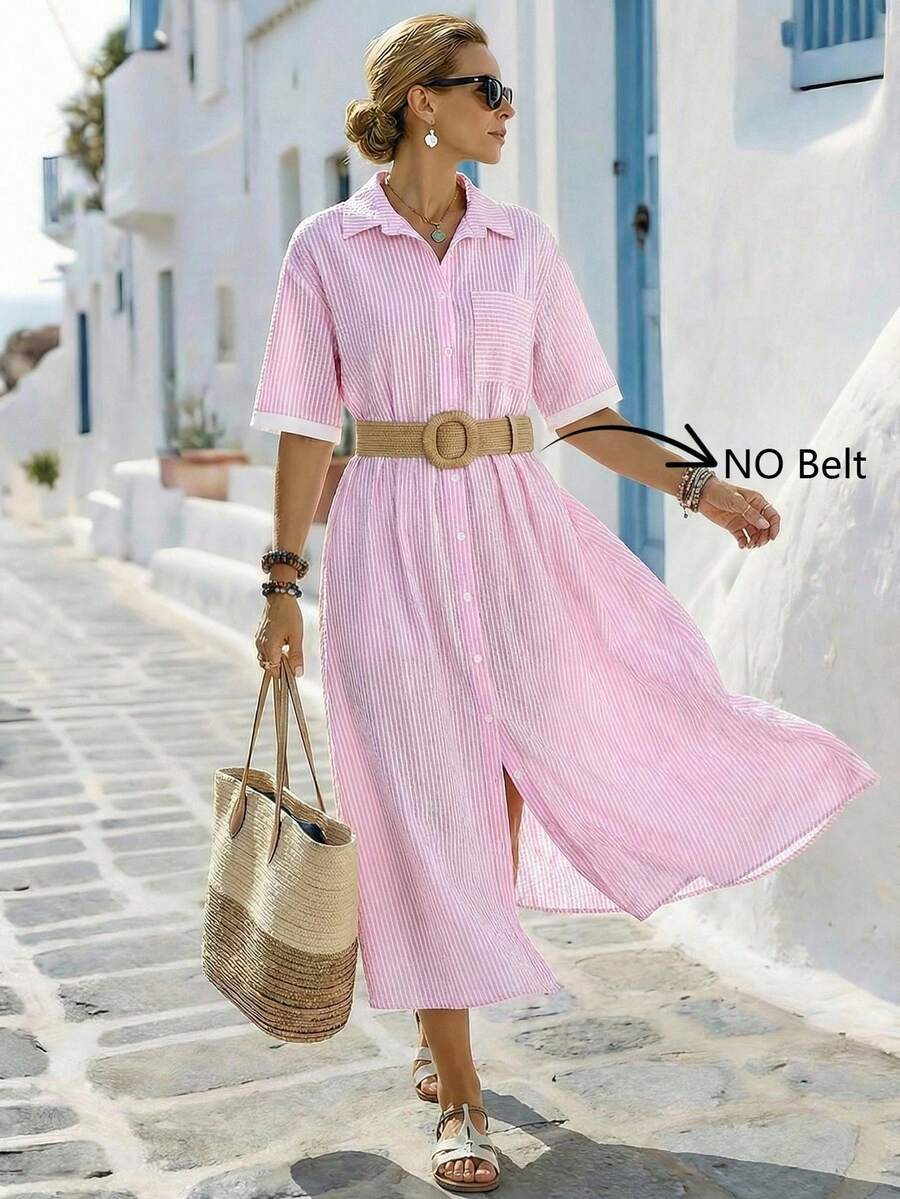 Rafferiza 女士休闲条纹宽松口袋翻领连衣裙，夏季