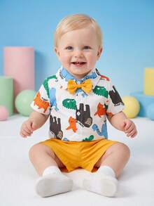 SHEIN Playful Pals 2pcs/Set Baby Boy Cute Animal Print Polo Shirt And Shorts,White,Summer,Casual,Family Matching,Party,Infant Toddler Newborn Zoo Dinosaur Outfit - Yellow - View 8