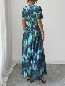 Elenzga Women's Summer Beach Vacation Floral Print Ruched Waist Dress - Green - View 2