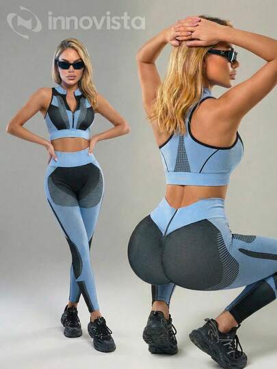Innovista WoSeamless Women Abstract Lines Sport Set Removable Cups Mesh Ventilation High-Waisted Leggings & Crop Top For Outdoor Yoga Indoor Cycling Boxing Running Commute Peloton Australian Open Fitness Glow Up January Gym Motivation Valentine Essentials Active Lifestyle Wear Gym Women Sets Sports Women Sets Light Blue Black