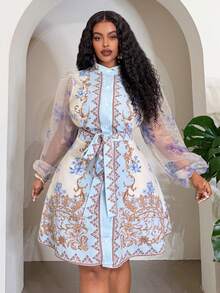 Veslaya 春夏新款优雅度假风，海滩度假村、海滨、性感海岛度假、餐饮、休闲外出、浪漫假期、约会、生日派对、婚礼季、毕业季、法式浪漫、宫廷风衬衫裙，薄纱灯笼袖，腰带设计，A字裙摆，宫廷风印花，大码迷你衬衫裙，大码衬衫裙，薄纱袖连衣裙，女士裹身裙，印花连衣裙，女士谈话连衣裙，裹身裙，礼拜连衣裙 - 彩色 - 查看 3