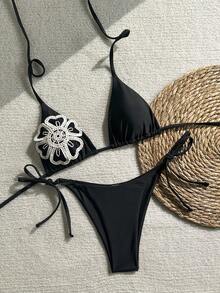 Bonvoyette 女士手工钩编花卉装饰比基尼上衣和侧系带泳裤两件套高端泳装套装 - 黑色 - 查看 5