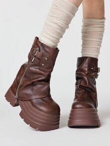 ROMWE Grunge Punk Botas de mujer estilo rock oscuro, punk, gótico, con puntera puntiaguda, botas de tobillo con cuña, suela gruesa, hebilla y correa, botas de montar de tobillo - Marrón - Ver 1