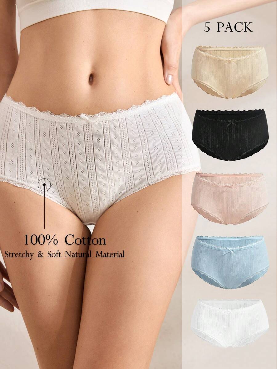 Ocili 5条装 女士浪漫纯色蕾丝边蝴蝶结装饰 100%纯棉平角内裤，柔软舒适 - 彩色 - 查看 1