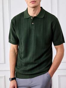 Officeau 男士休闲针织Polo衫，透气绿色针织衫，常规版型，短袖，经典Polo领 - 橄欖綠 - 查看 4