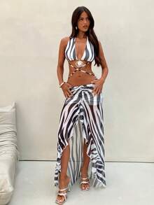 Aloruh 女士优雅交叉绑带动物纹沙滩度假斑马图案连衣裙 - 彩色 - 查看 9