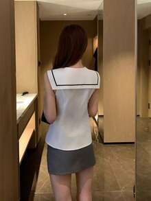 DAZY Women's Collared Sailor Collar Bow Tie Sleeveless Blouse - White - View 2