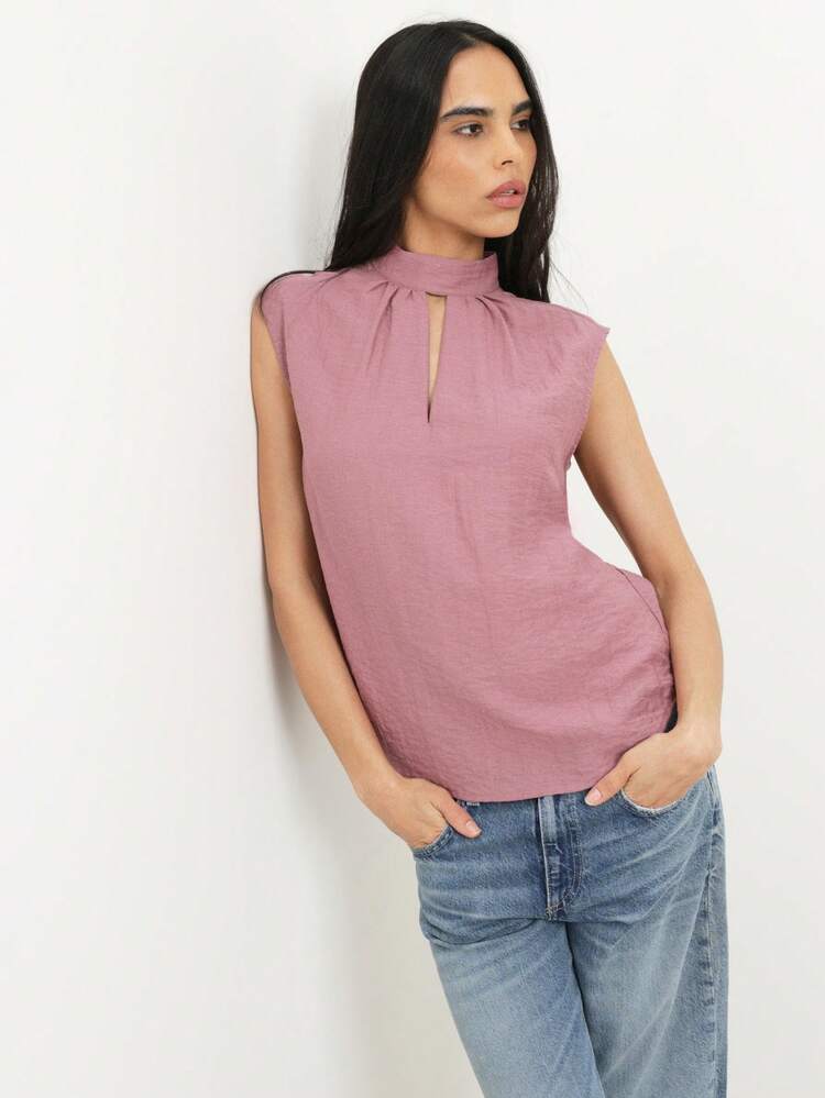 KSTM Women's Sleeveless Mock Neck Tank Top With Front Keyhole Cutout Detail And Back Gathered Design For Spring Summer