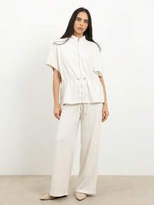 KSTM Women Cream Short Sleeve Zip Front Drawstring Waist Utility Jacket Spring Summer Lightweight Outerwear - Grey - View 3