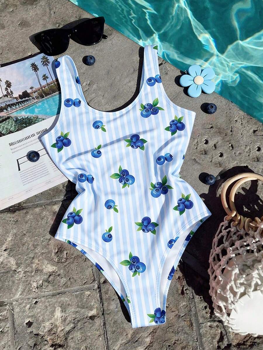 复古甜美迷你蓝莓图案，浅蓝色条纹印花，少女休闲简约连体泳衣，适合夏季穿着，可爱蓝莓印花连体泳衣，条纹连体泳衣 - 彩色 - 查看 1