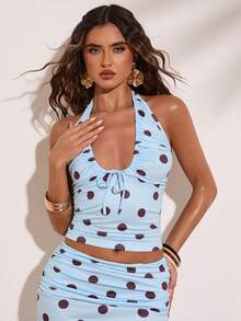 SHEIN BAE Áo kiểu casual cổ nhún in chấm bi xanh dương, thích hợp cho đi biển, mặc hàng ngày, đi chơi, tụ họp bạn bè, lễ hội âm nhạc, đi làm, hẹn hò lãng mạn, thiết kế thời trang. - Màu xanh nhạt - Xem 1